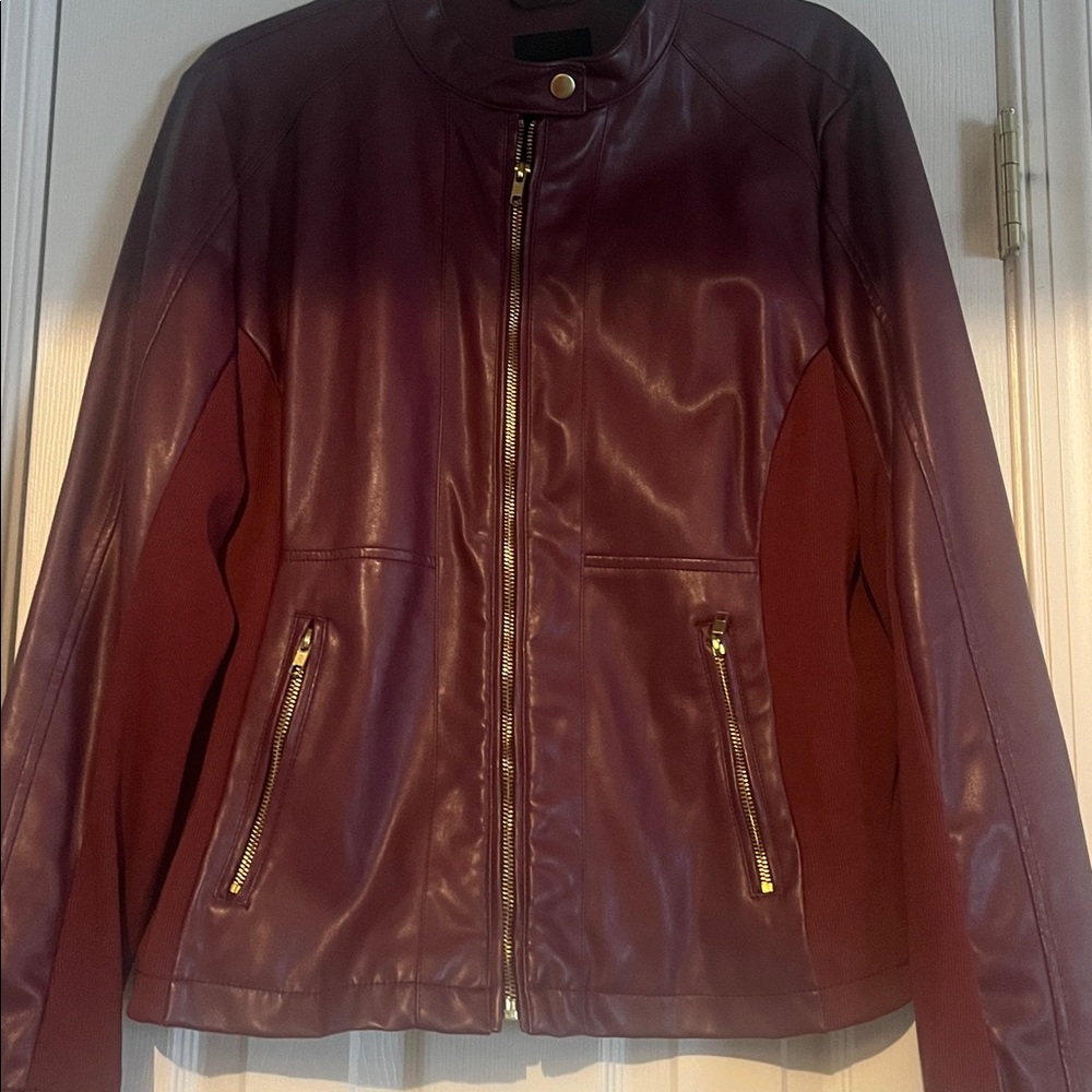 Deep Red Leather Jacket with Gold Zippers